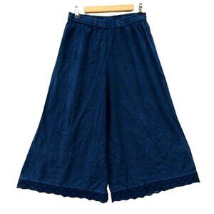 Utsa Women's Wide Leg Crop Pants Size M Navy Blue Lagenlook Lace Cuff Cotton